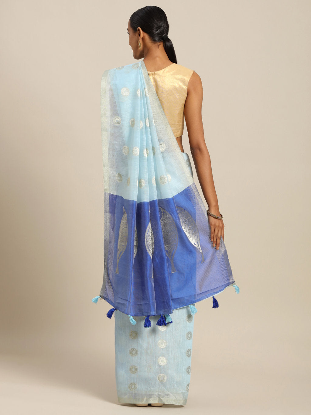 Women's Sky Blue Linen Cotton Zari Work Traditional Saree - Sangam Prints