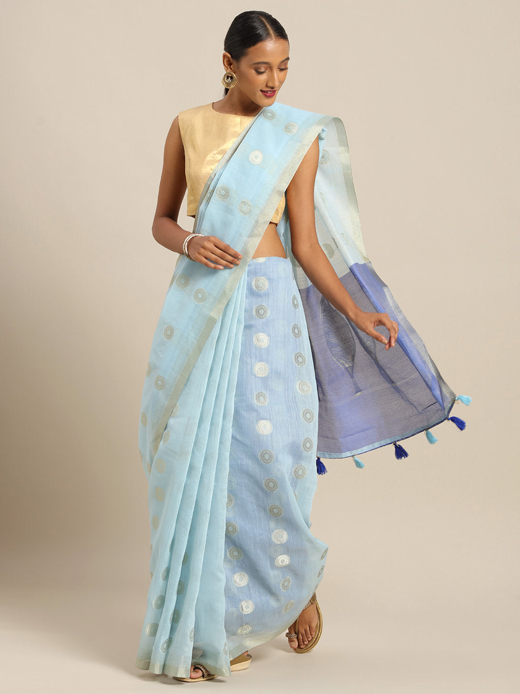 Women's Sky Blue Linen Cotton Zari Work Traditional Saree - Sangam Prints