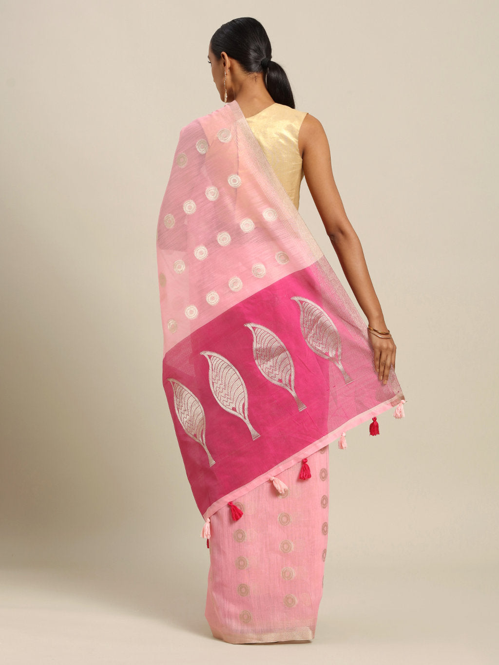 Women's Light Pink Linen Cotton Zari Work Traditional Saree - Sangam Prints