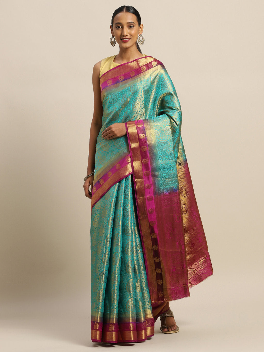 Women's Sea Green Silk Jacquard Traditional Saree - Sangam Prints