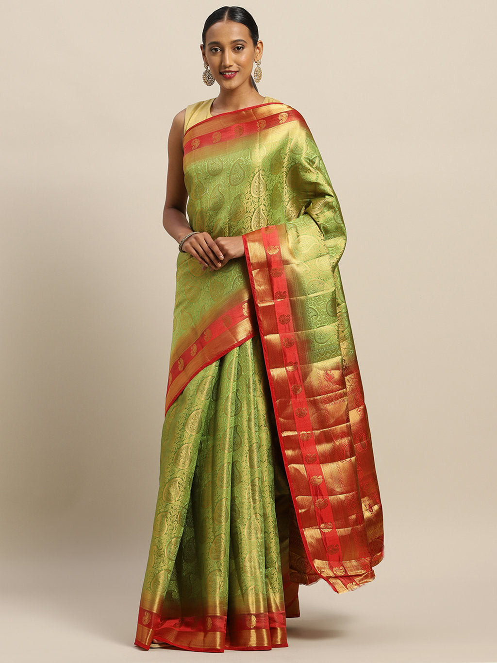 Women's Parrot Green Silk Jacquard Traditional Saree - Sangam Prints