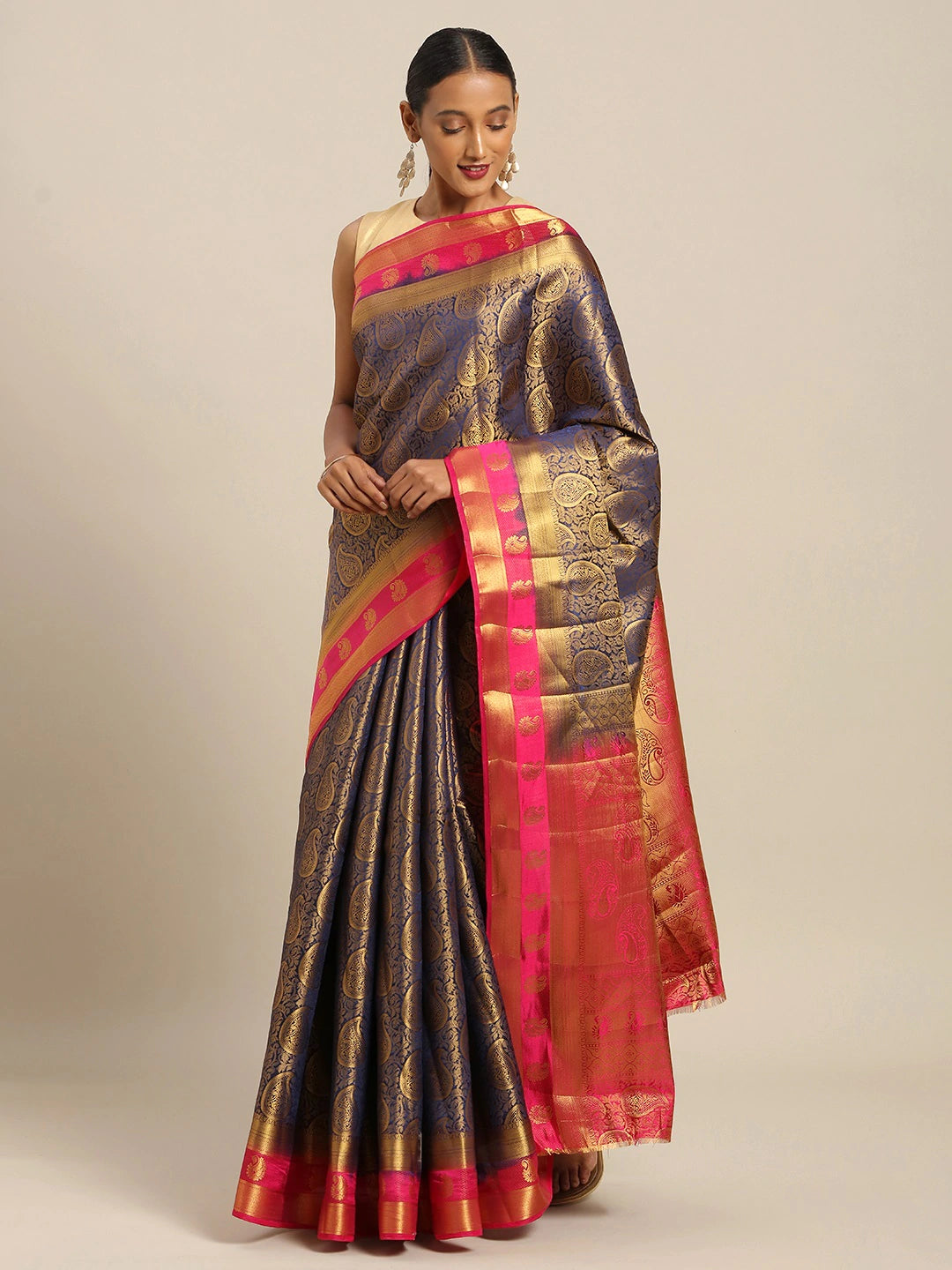Women's Blue Silk Jacquard Traditional Saree - Sangam Prints