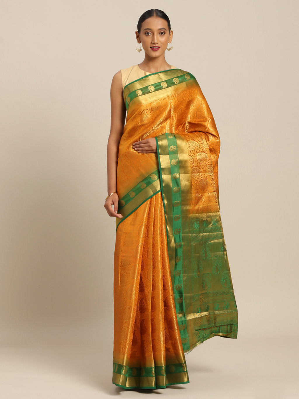 Women's Yellow Silk Jacquard Traditional Saree - Sangam Prints