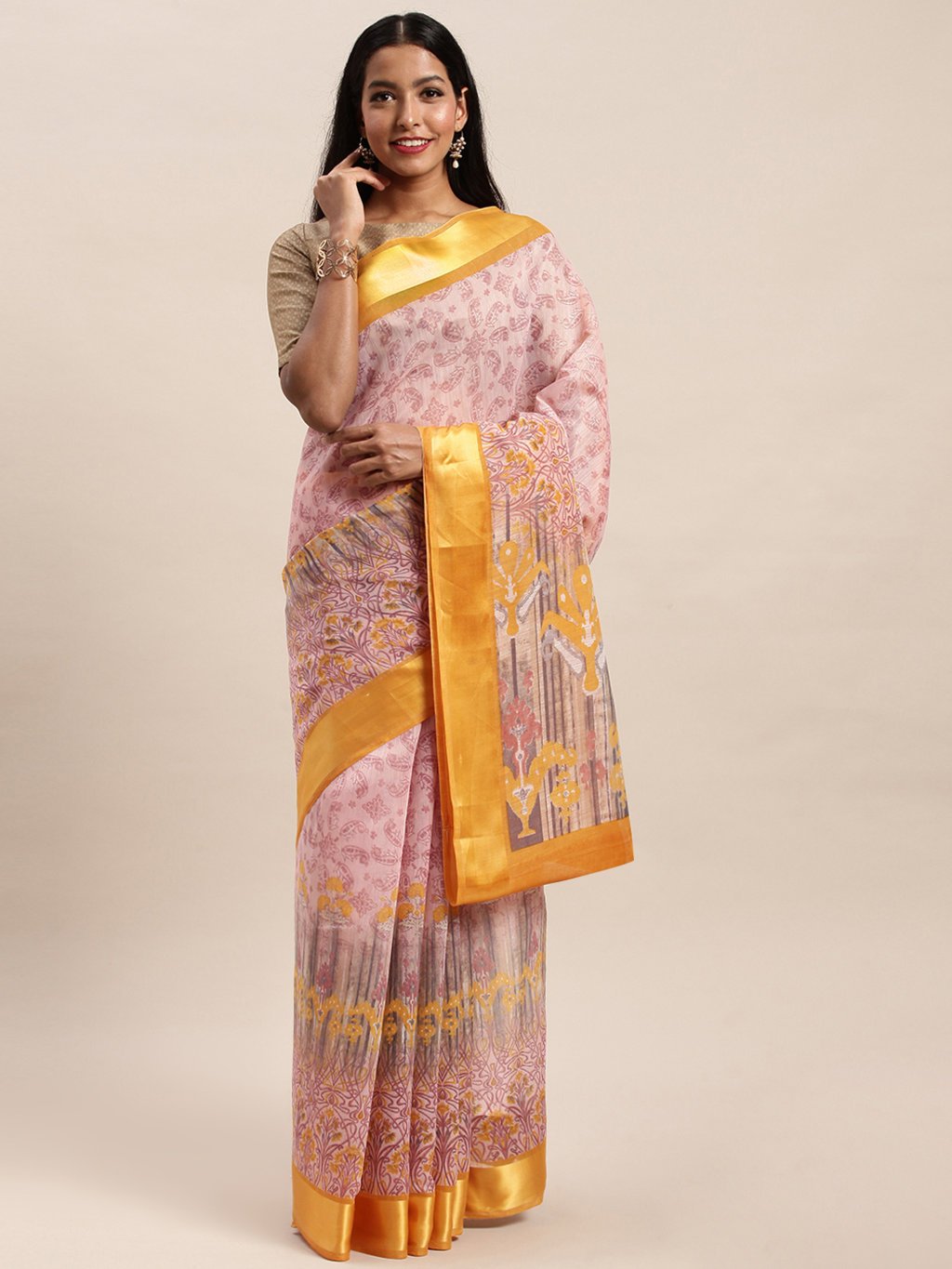 Women's Prints Peach Cotton Woven Work Traditional Saree - Sangam Prints