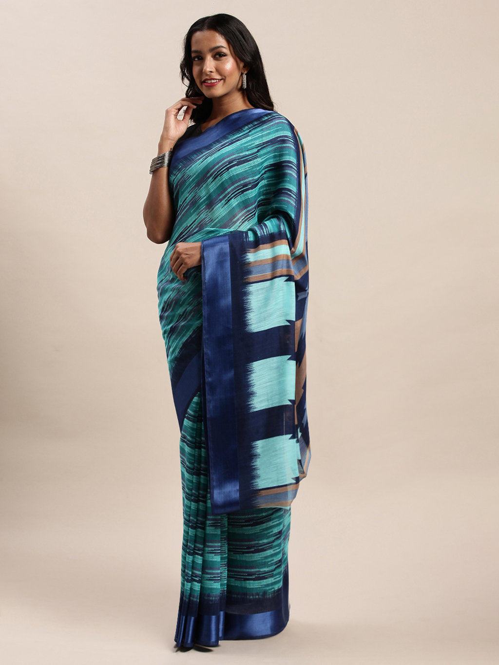 Women's Turquoise Cotton Woven Work Traditional Saree - Sangam Prints