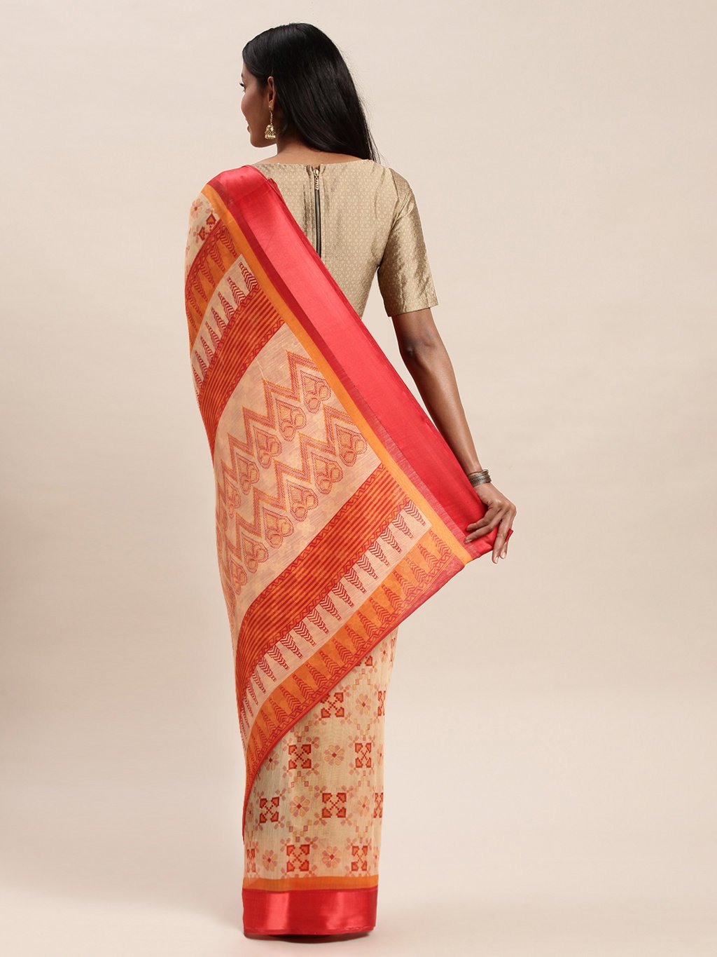 Women's Prints Orange Cotton Woven Work Traditional Saree - Sangam Prints