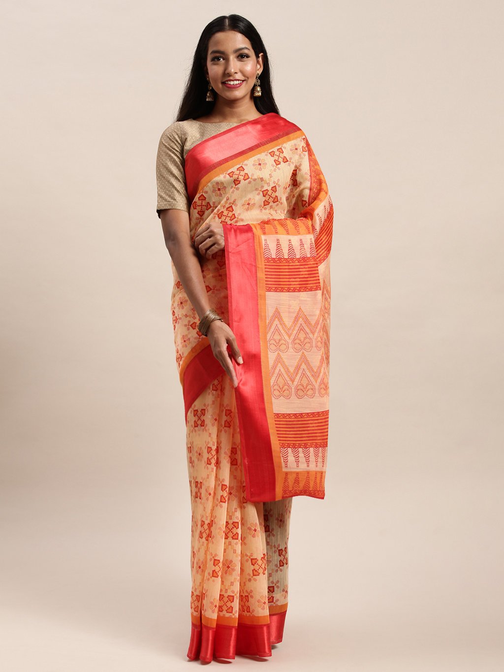 Women's Prints Orange Cotton Woven Work Traditional Saree - Sangam Prints