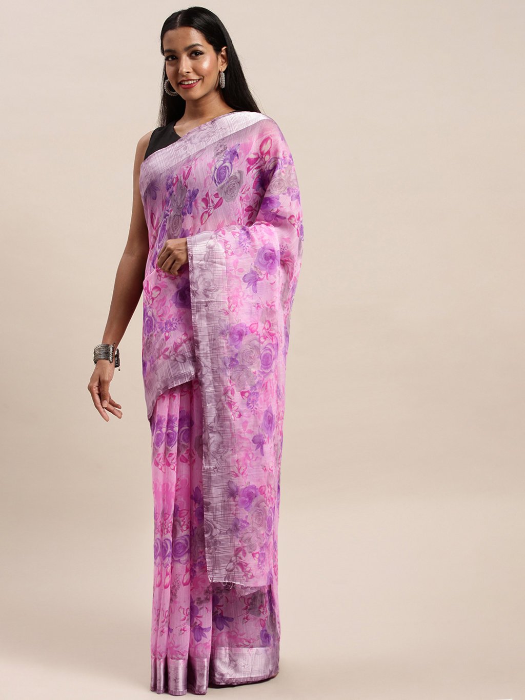 Women's Prints Pink Cotton Woven Work Traditional Saree - Sangam Prints