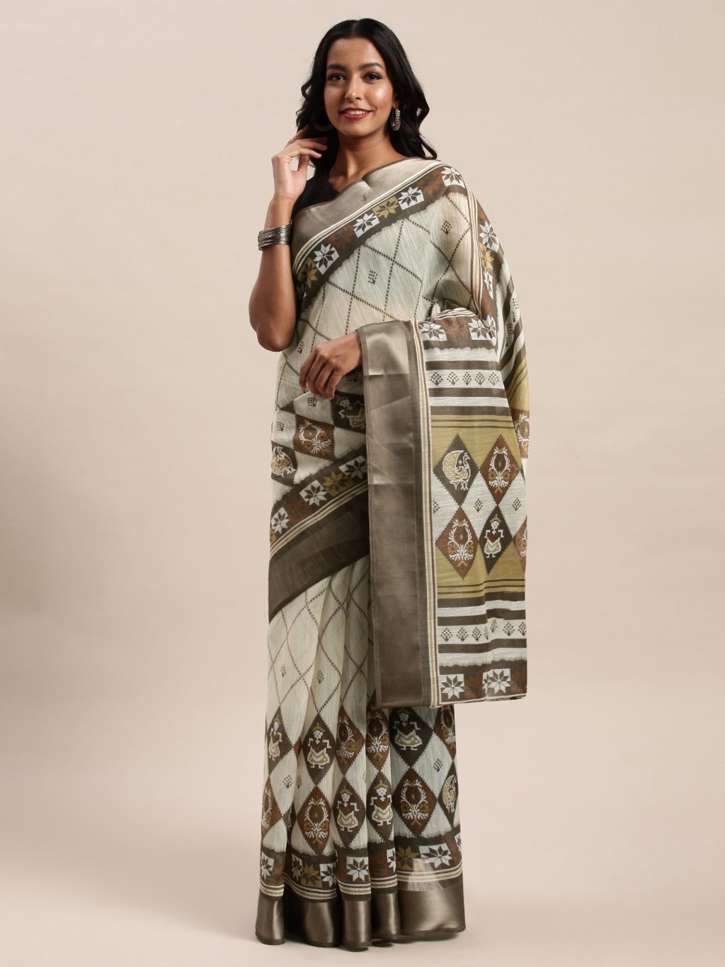 Women's Prints Cream Cotton Woven Work Traditional Saree - Sangam Prints