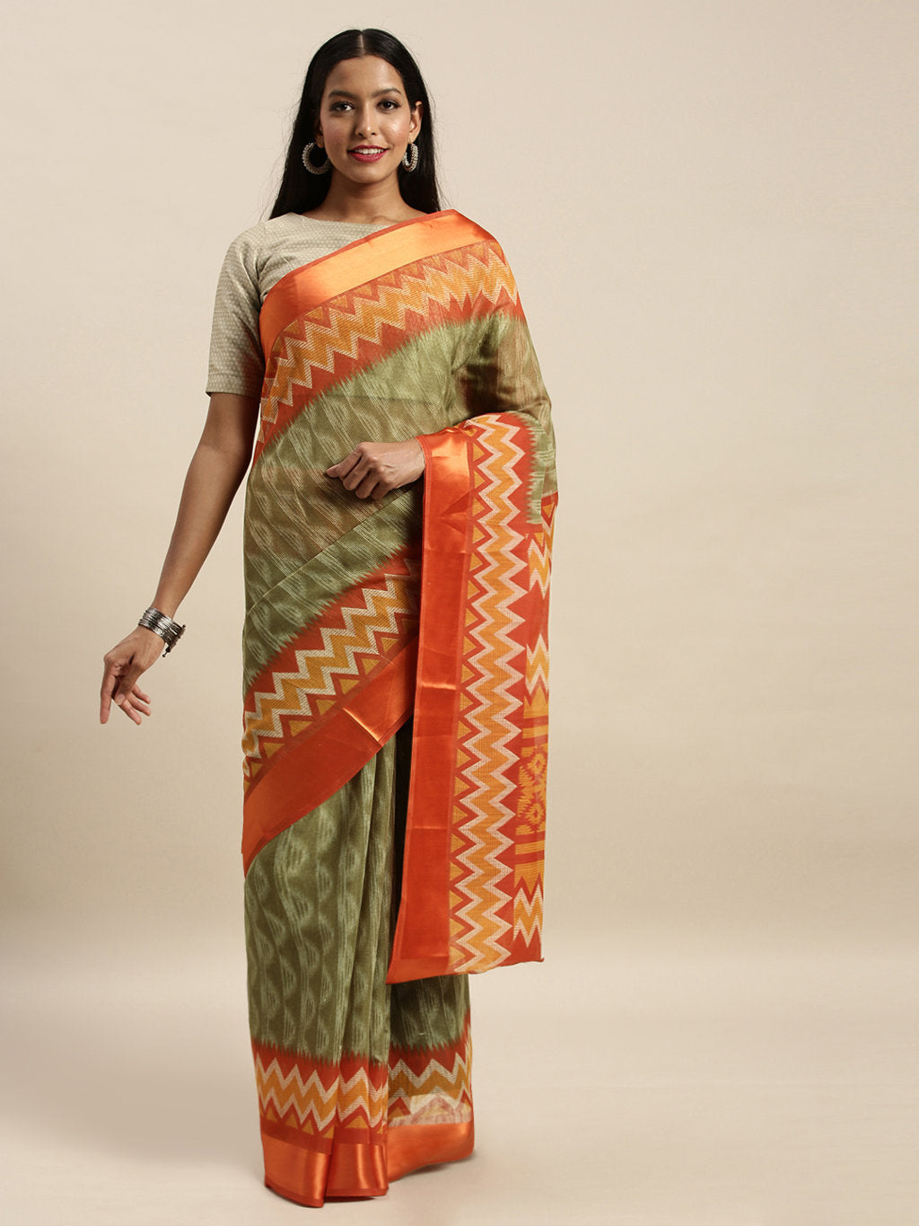 Women's Olive Green Cotton Woven Work Traditional Saree - Sangam Prints