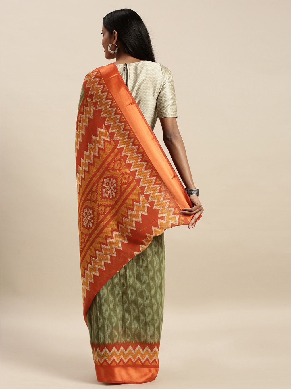 Women's Olive Green Cotton Woven Work Traditional Saree - Sangam Prints