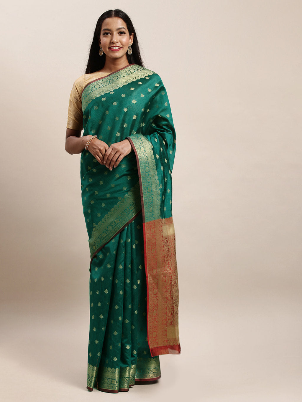 Women's Green Handloom Silk Jacquard Traditional Saree - Sangam Prints