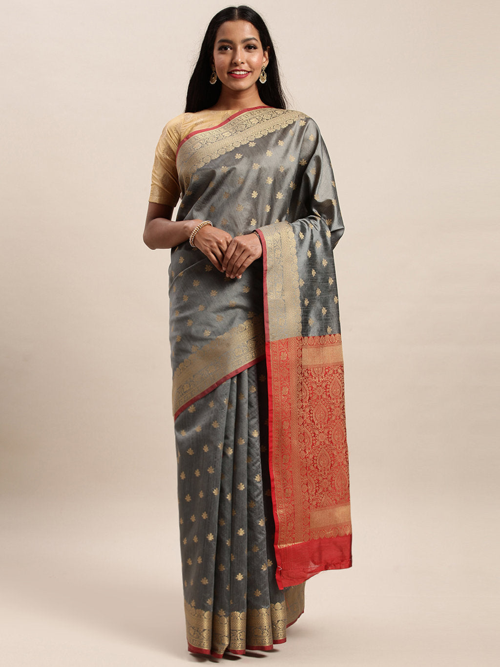 Women's Grey Handloom Silk Jacquard Traditional Saree - Sangam Prints