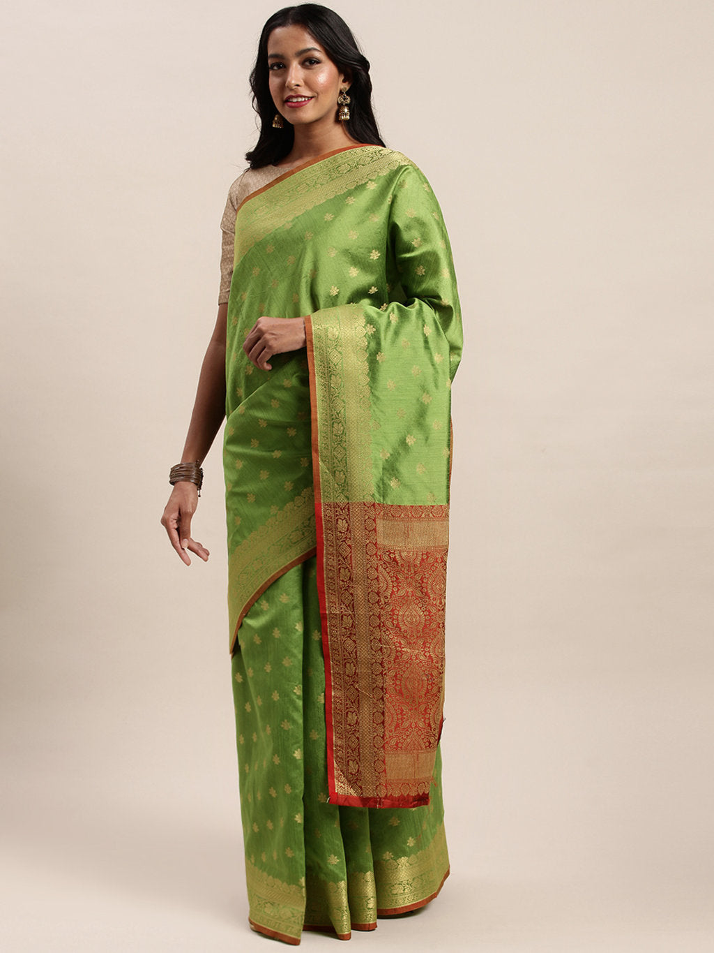 Women's Parrot Green Handloom Silk Jacquard Traditional Saree - Sangam Prints