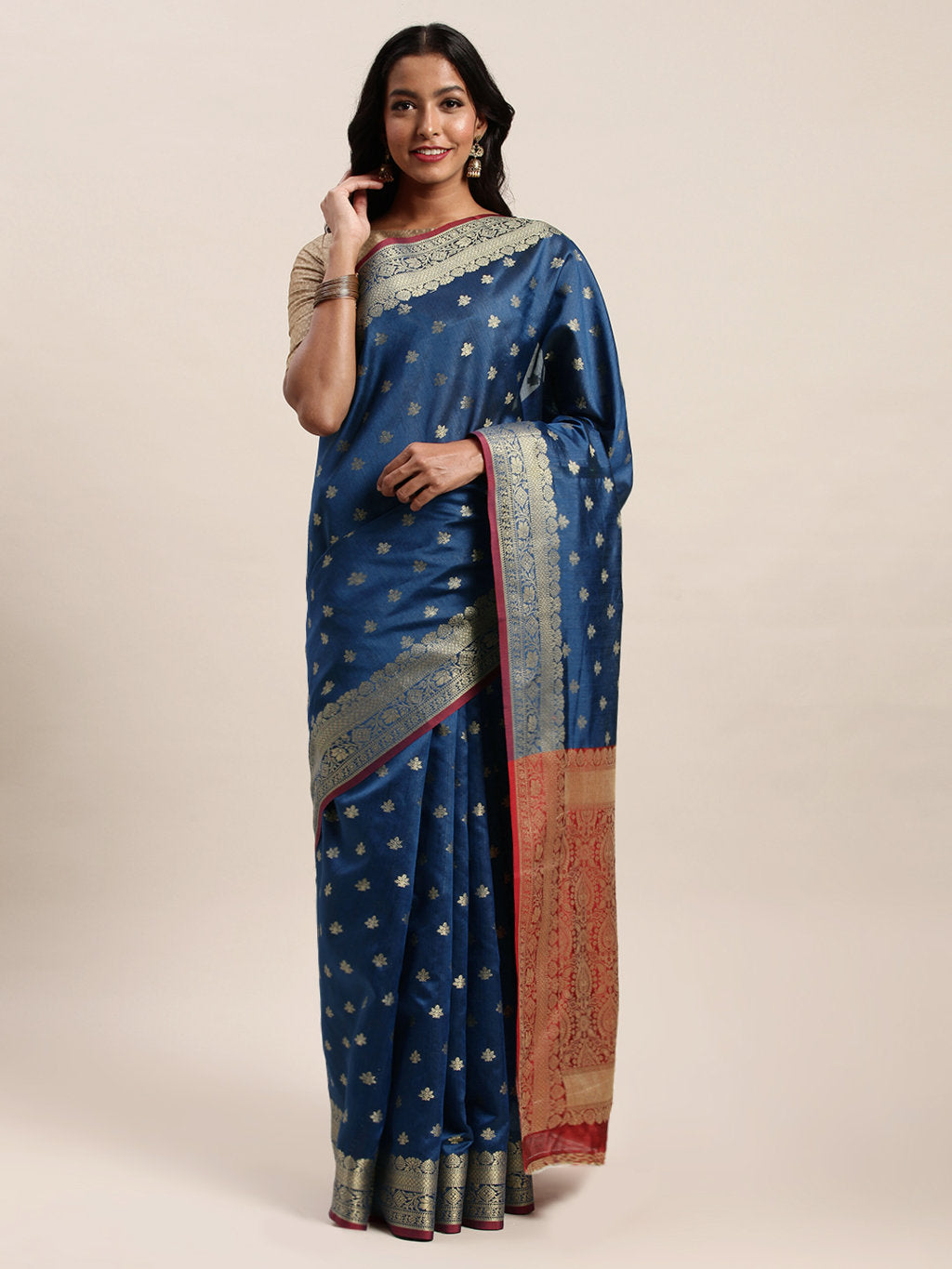 Women's Navy Blue Handloom Silk Jacquard Traditional Saree - Sangam Prints