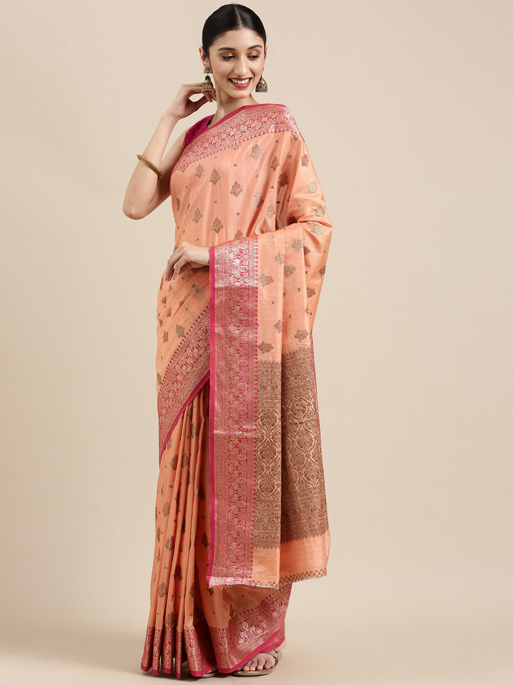 Women's Peach Cotton Handloom Woven Work Traditional Saree - Sangam Prints