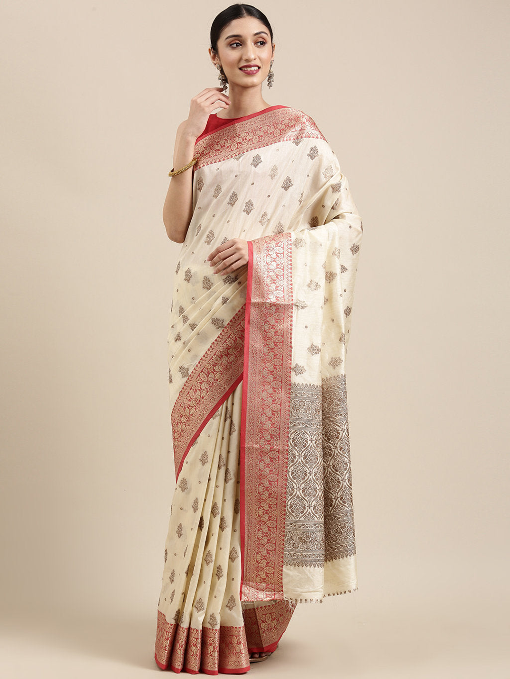 Women's Off White Cotton Handloom Woven Work Traditional Saree - Sangam Prints