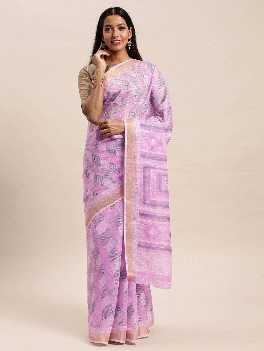 Women's Pink Cotton Woven Work Traditional Saree - Sangam Prints
