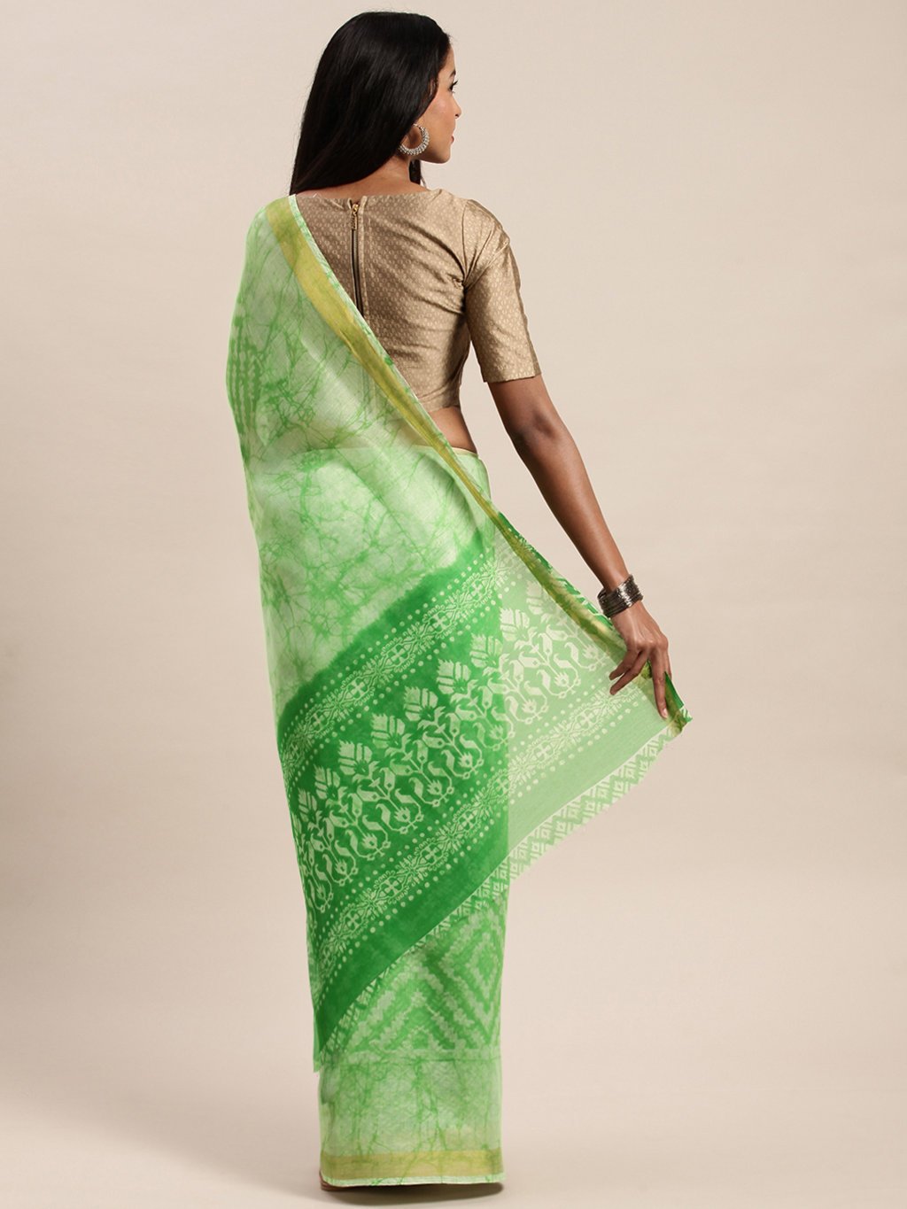 Women's Prints Green Cotton Woven Work Traditional Saree - Sangam Prints