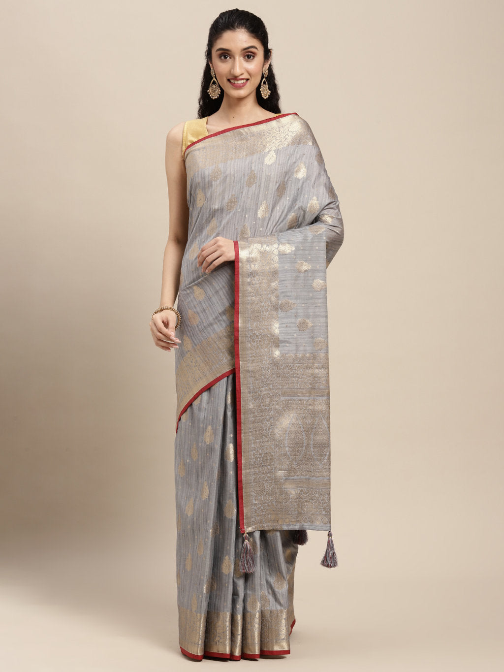Women's Grey Silk Woven Work Traditional Tassle Saree - Sangam Prints