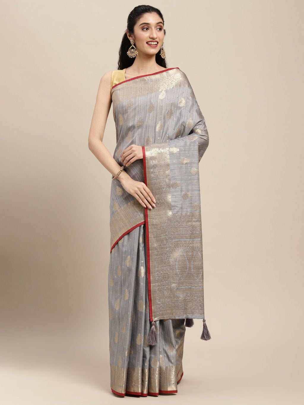 Women's Grey Silk Woven Work Traditional Tassle Saree - Sangam Prints