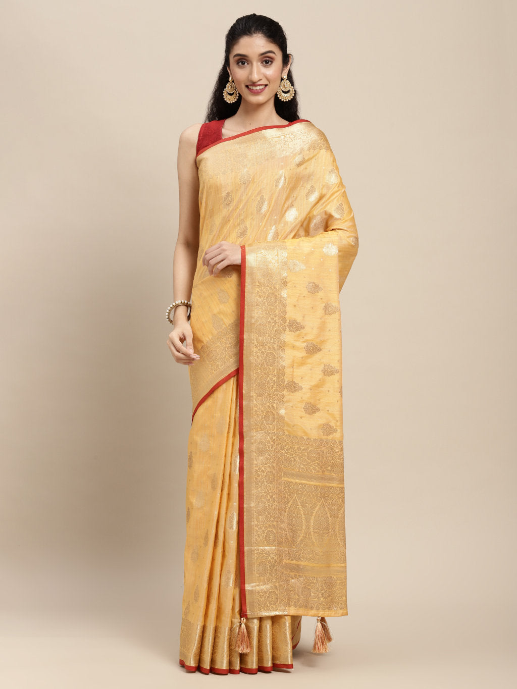 Women's Yellow Silk Woven Work Traditional Tassle Saree - Sangam Prints