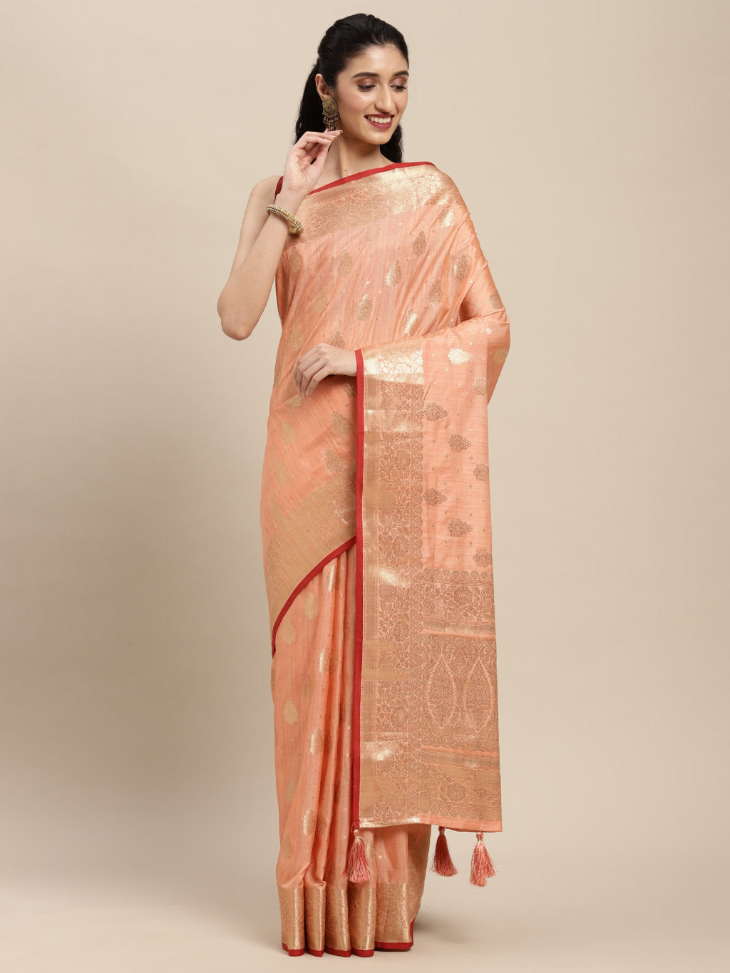Women's Peach Silk Woven Work Traditional Tassle Saree - Sangam Prints