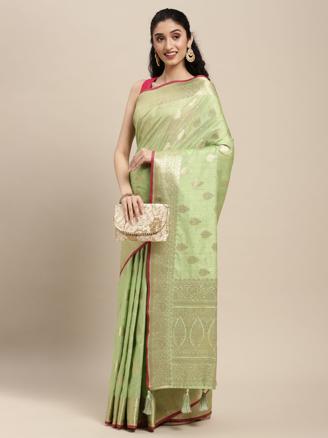 Women's Light Green Silk Woven Work Traditional Tassle Saree - Sangam Prints
