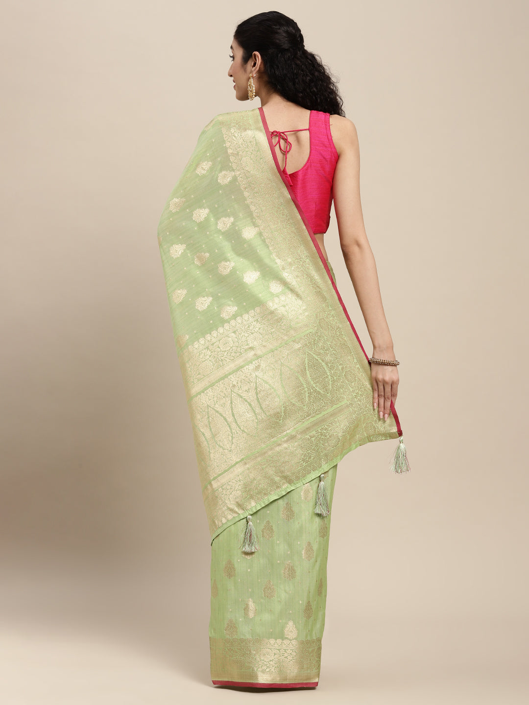 Women's Light Green Silk Woven Work Traditional Tassle Saree - Sangam Prints