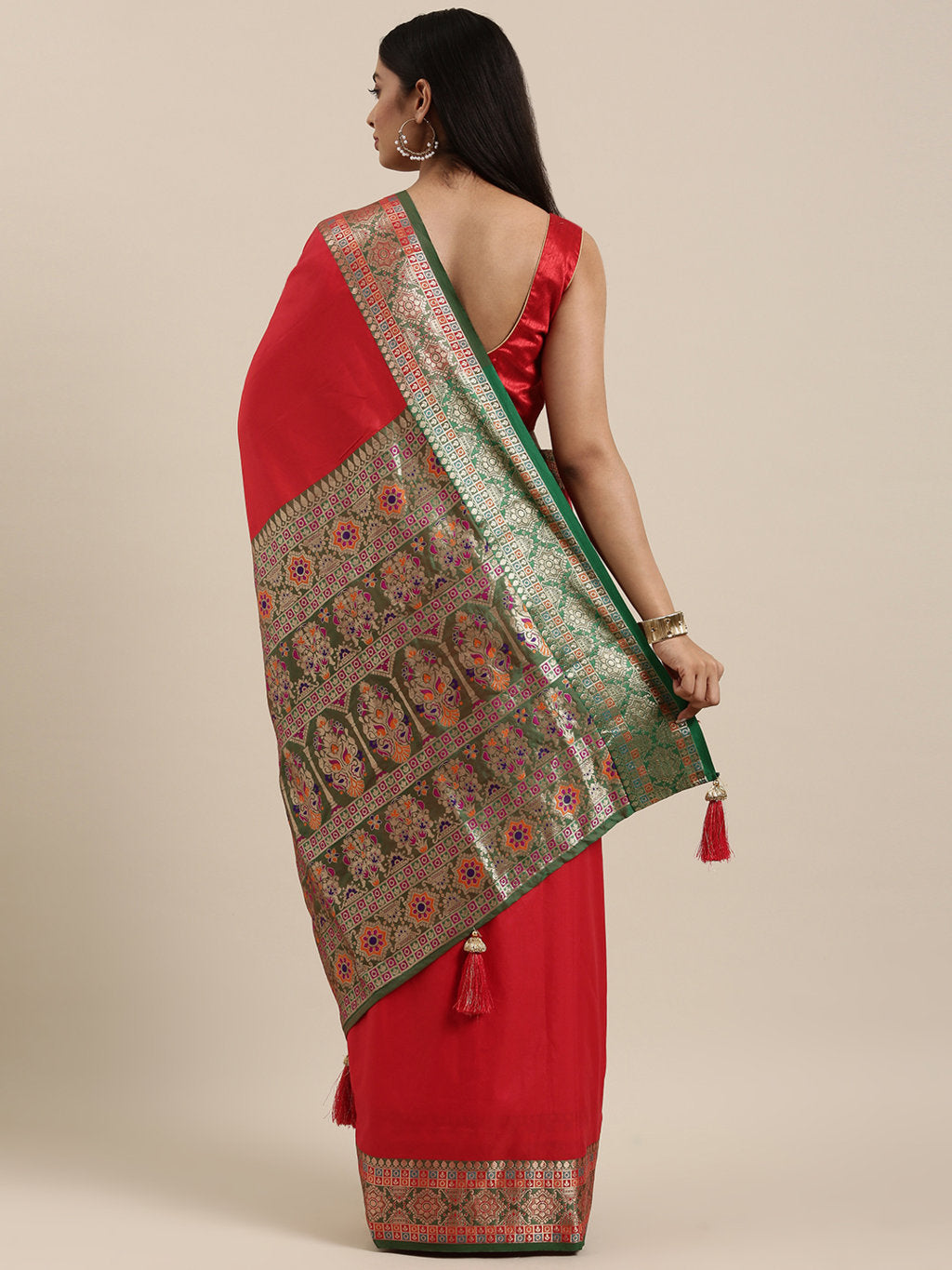Women's Red Silk Woven Work Traditional Tassle Saree - Sangam Prints