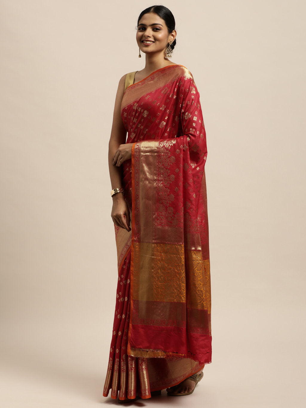 Women's Red Silk Woven Rich Pallu Work Traditional Saree - Sangam Prints