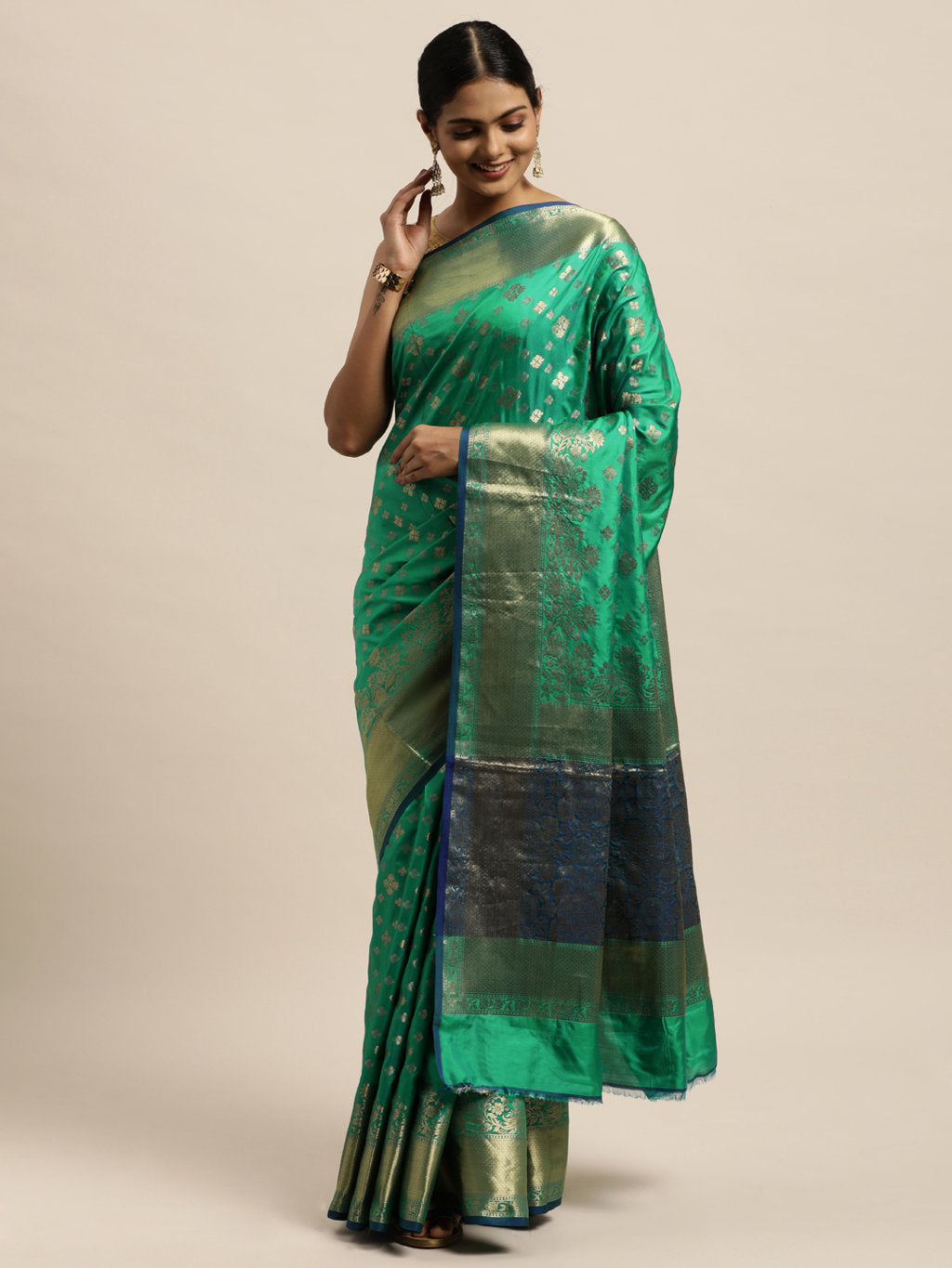 Women's Green Silk Woven Rich Pallu Work Traditional Saree - Sangam Prints