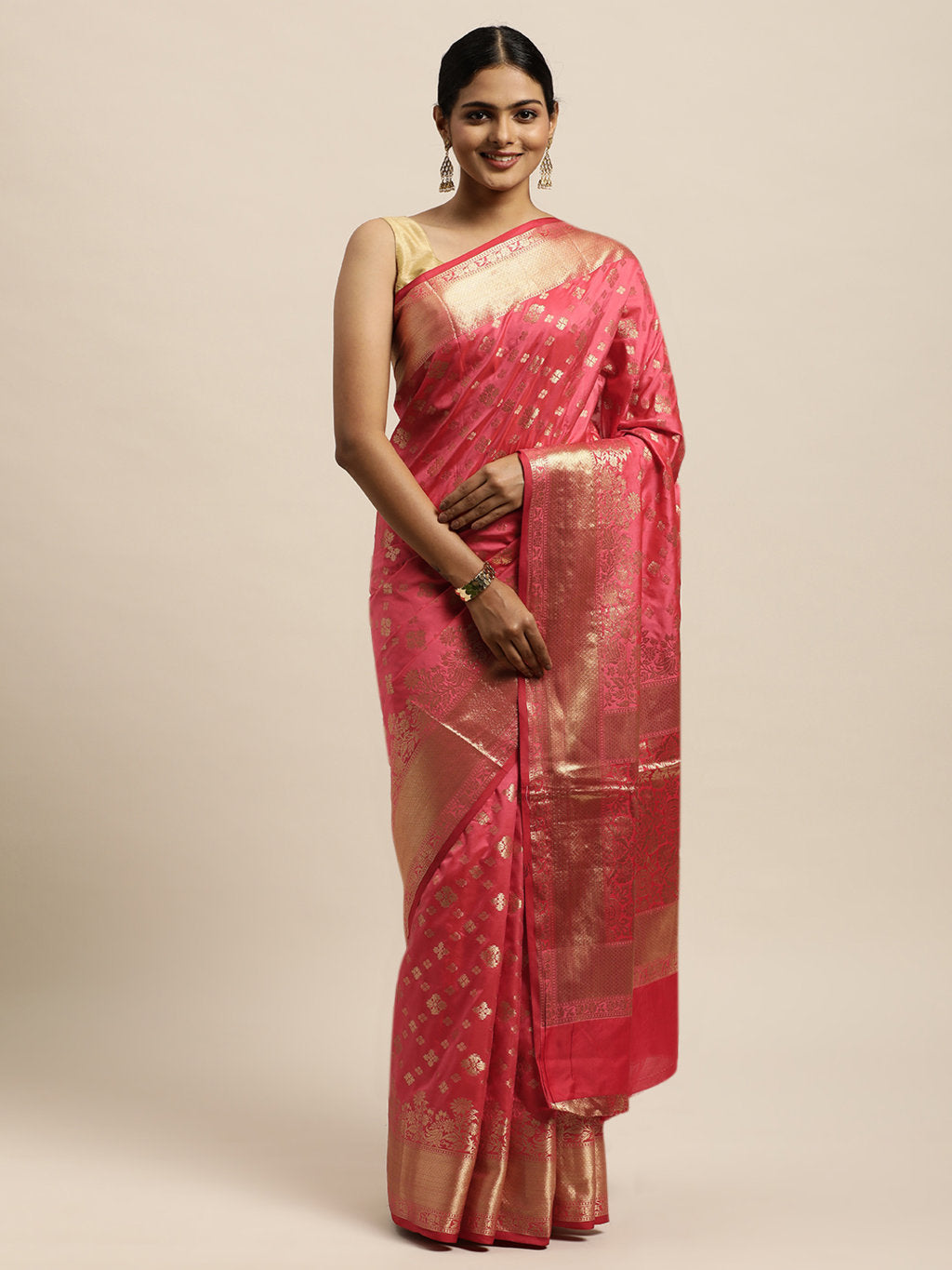 Women's Pink Silk Woven Rich Pallu Work Traditional Saree - Sangam Prints