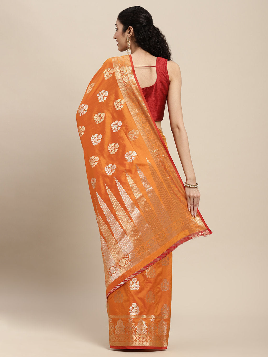 Women's Orange Silk Woven Work Traditional Saree - Sangam Prints