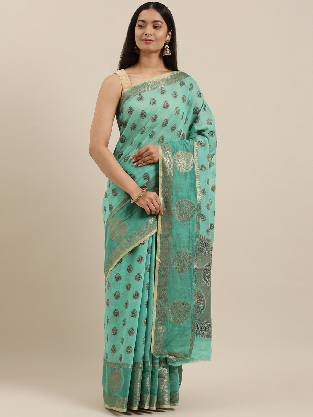 Women's Rama Green Cotton Handloom Woven Work Traditional Saree - Sangam Prints