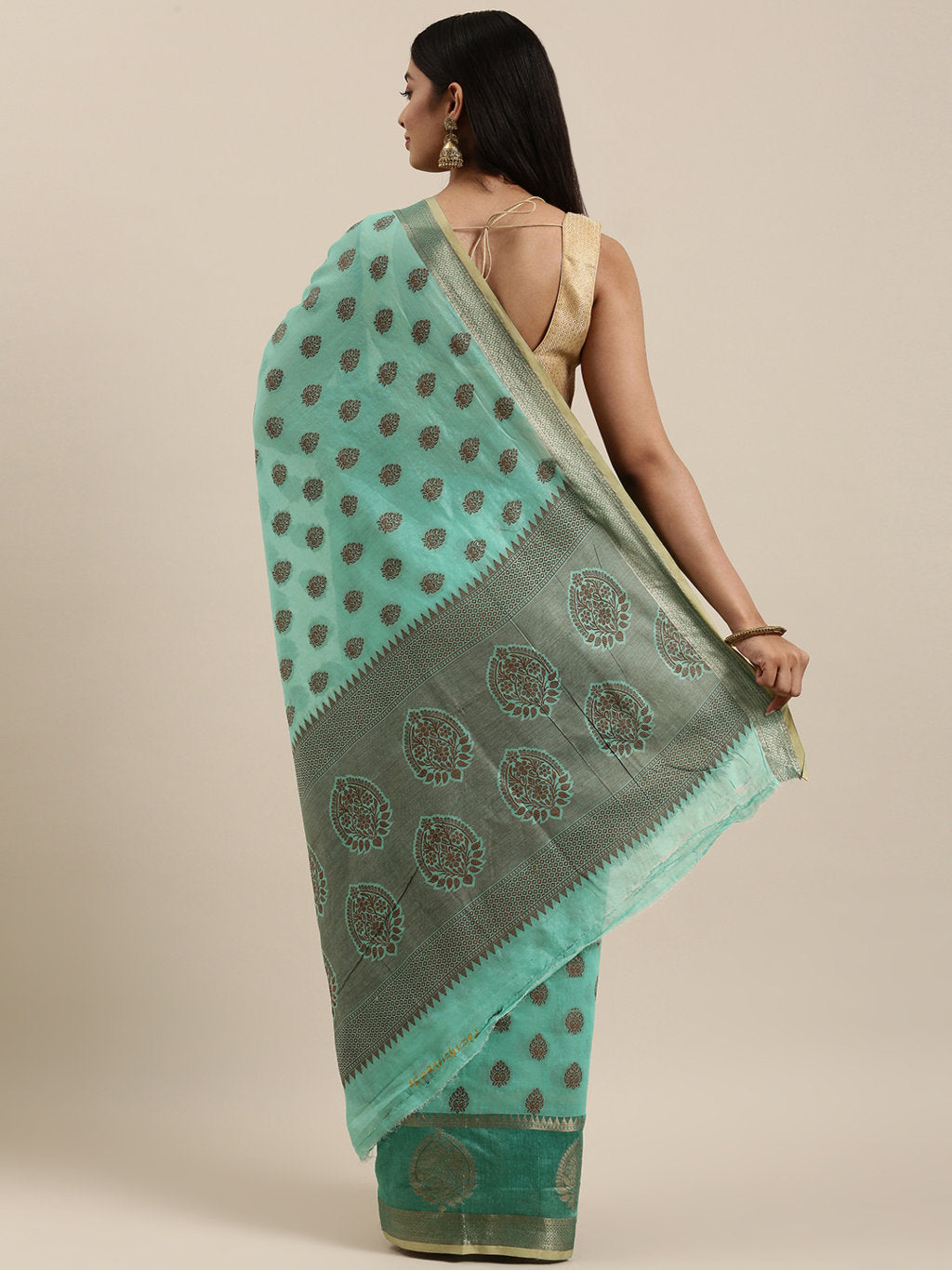 Women's Rama Green Cotton Handloom Woven Work Traditional Saree - Sangam Prints
