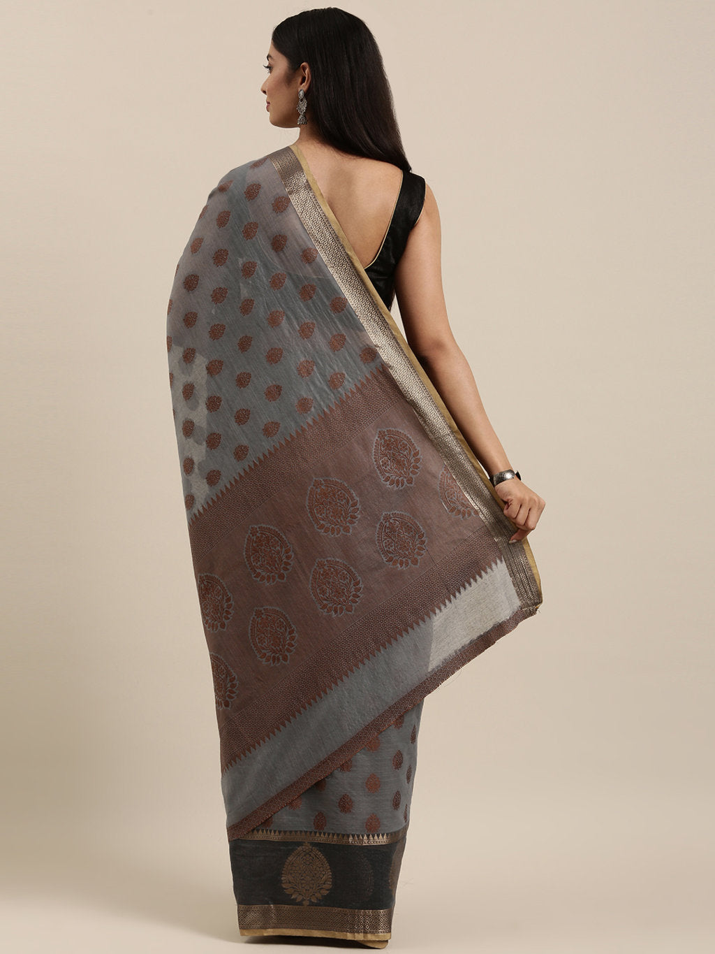 Women's Grey Cotton Handloom Woven Work Traditional Saree - Sangam Prints