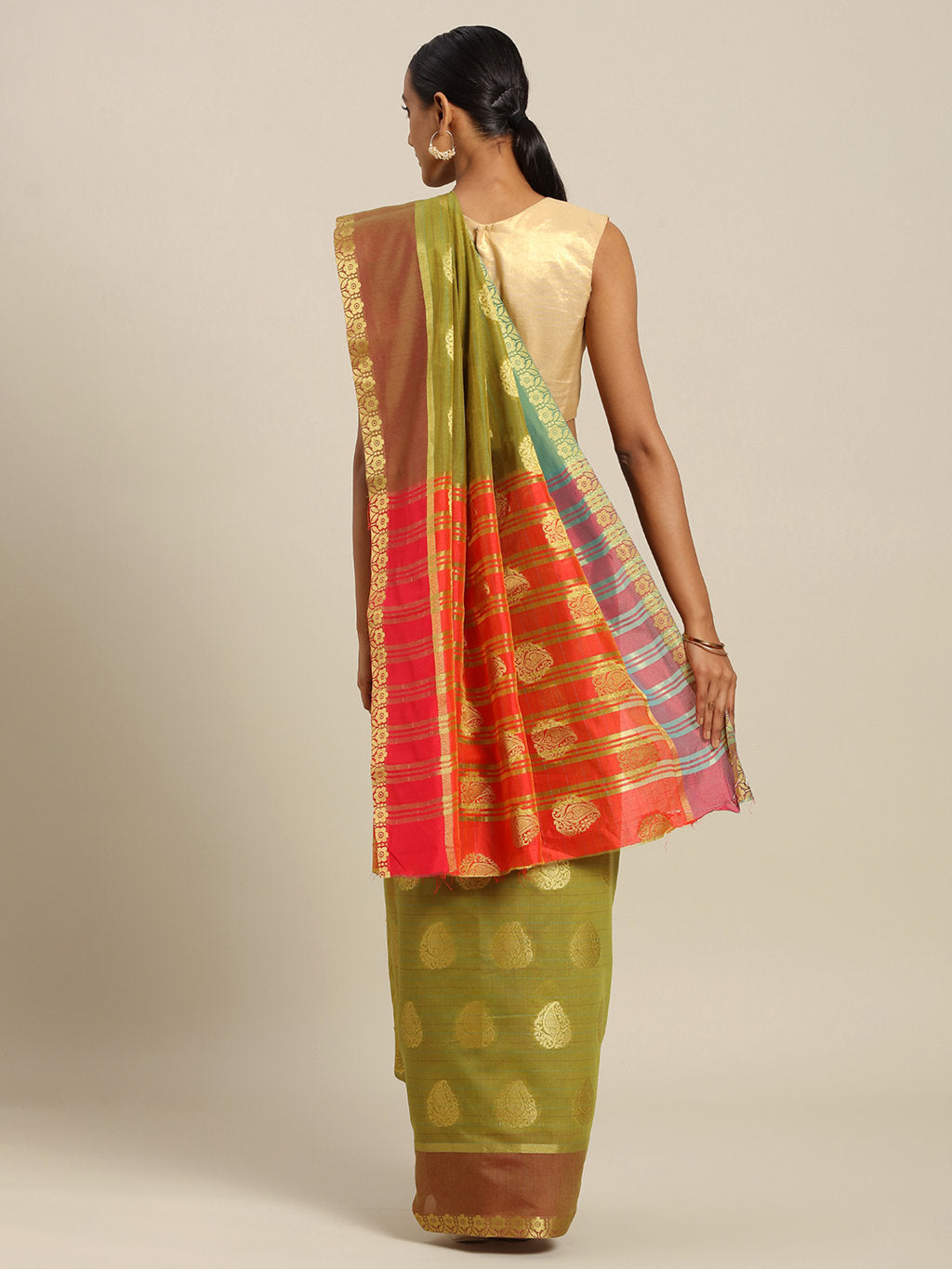 Women's Mehendi Green Cotton Handloom Woven Work Traditional Saree - Sangam Prints