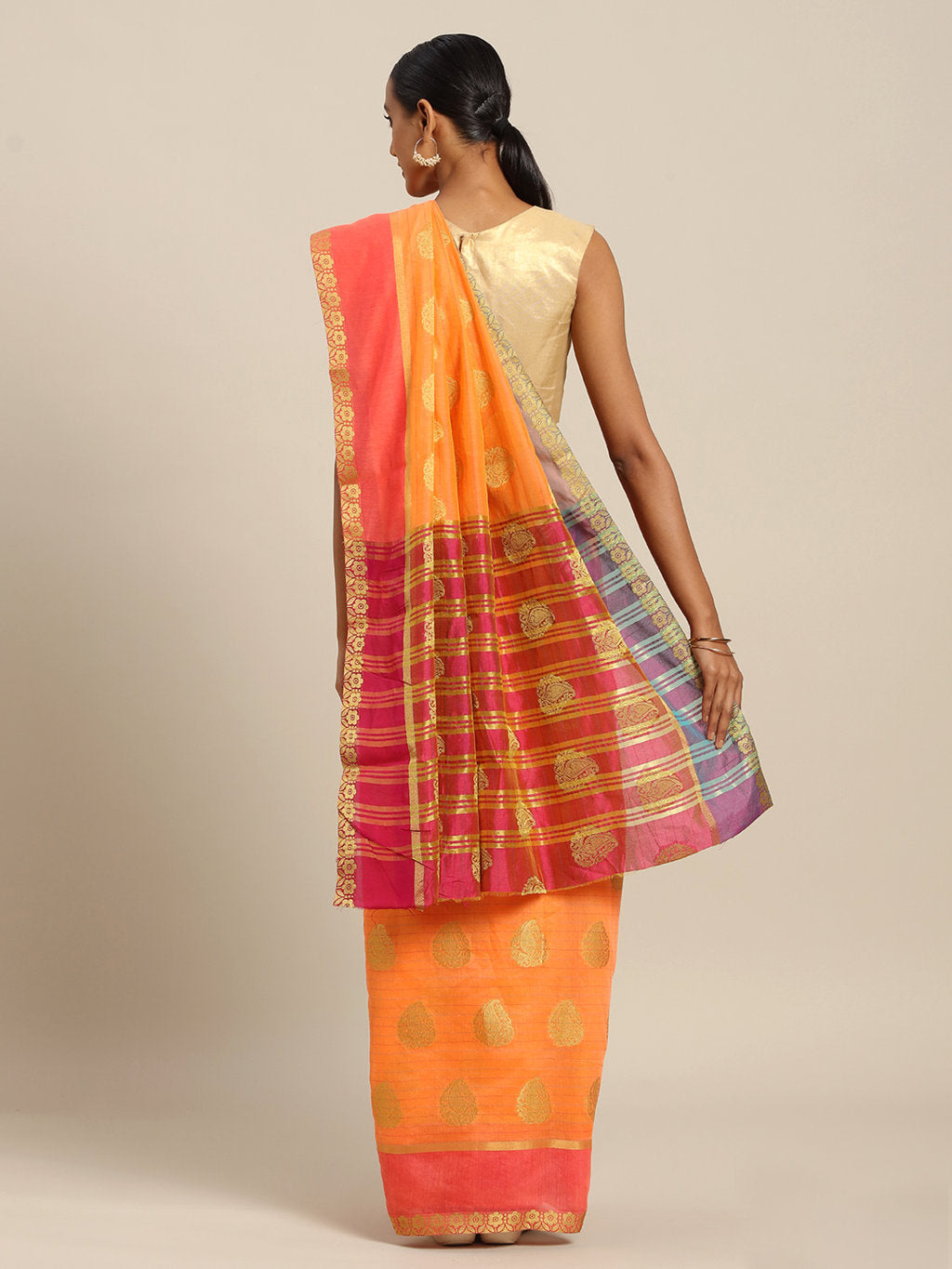 Women's Orange Cotton Handloom Woven Work Traditional Saree - Sangam Prints