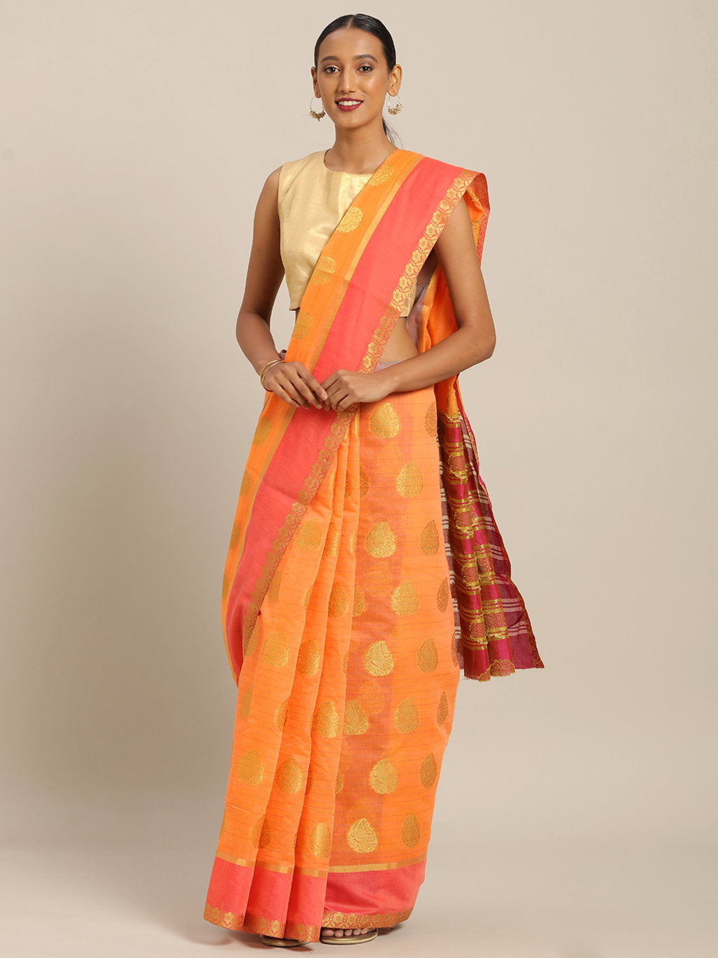 Women's Orange Cotton Handloom Woven Work Traditional Saree - Sangam Prints