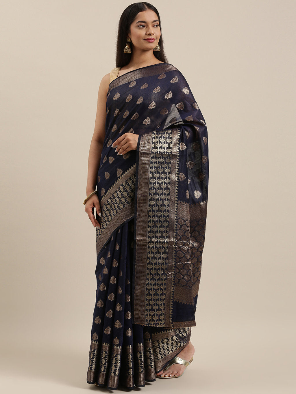 Women's Blue Cotton Handloom Woven Work Traditional Saree - Sangam Prints