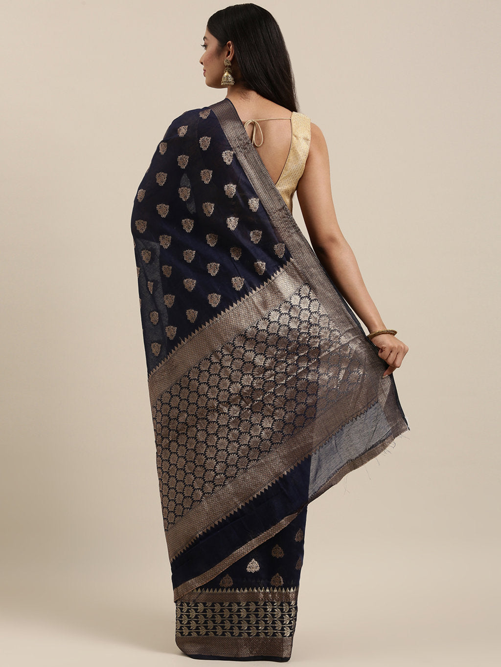 Women's Blue Cotton Handloom Woven Work Traditional Saree - Sangam Prints