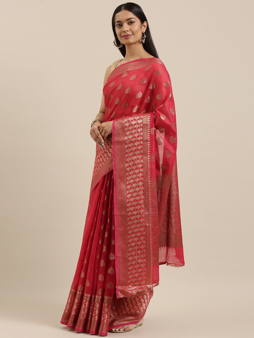 Women's Red Cotton Handloom Woven Work Traditional Saree - Sangam Prints