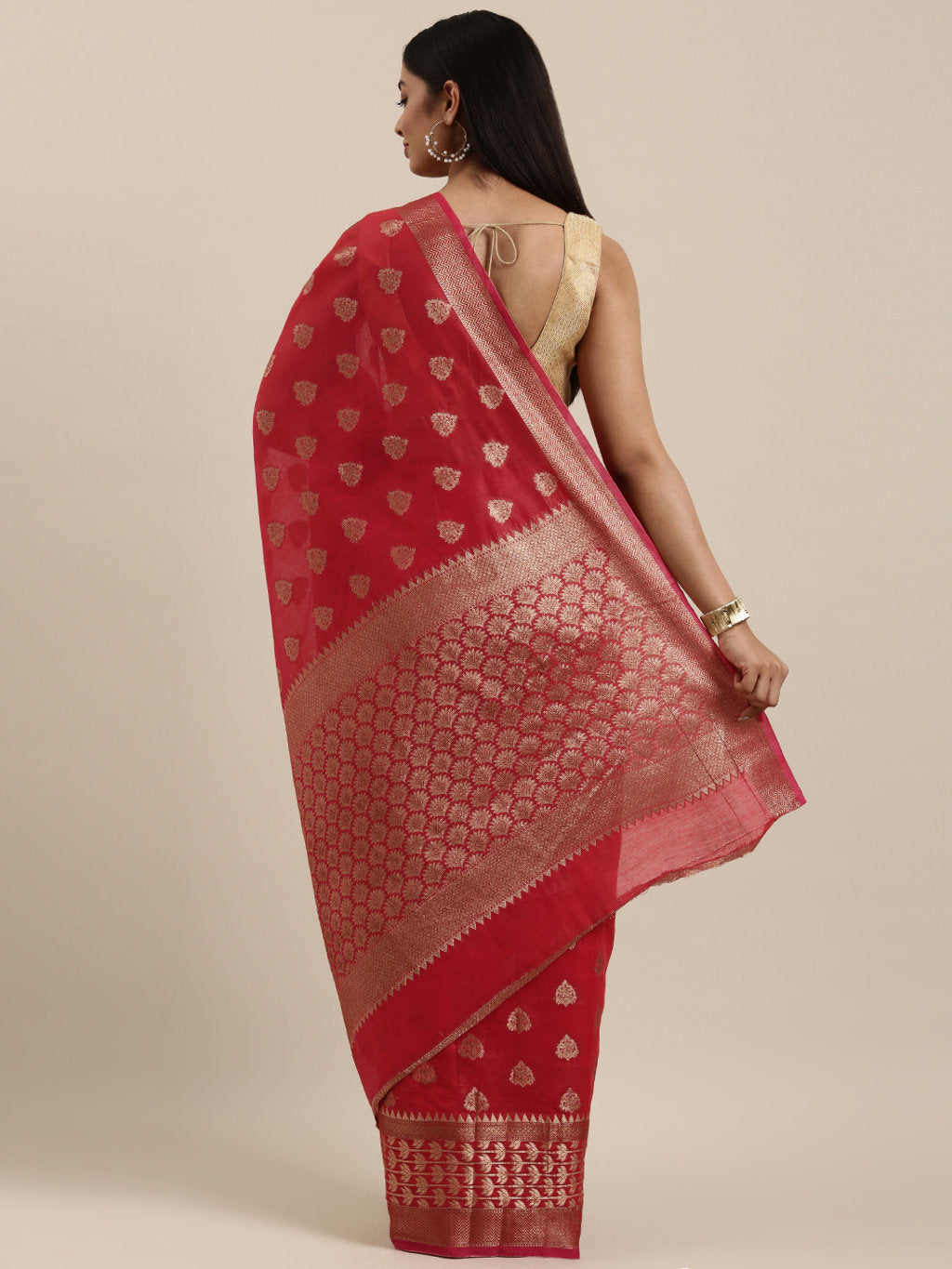 Women's Red Cotton Handloom Woven Work Traditional Saree - Sangam Prints