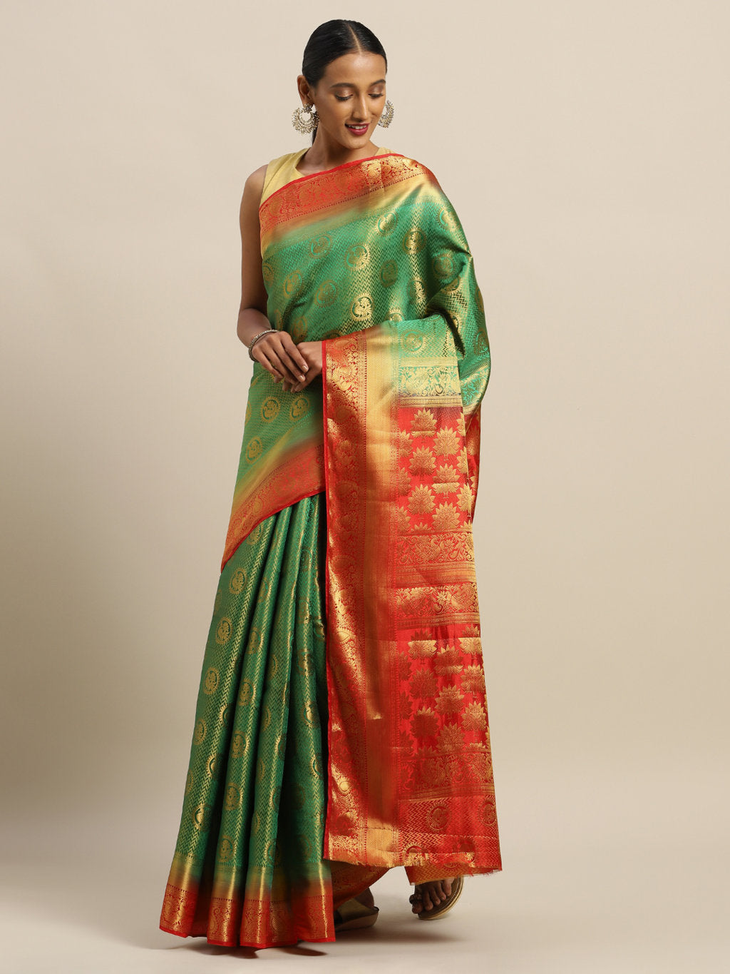 Women's Green Silk Jacquard Traditional Saree - Sangam Prints