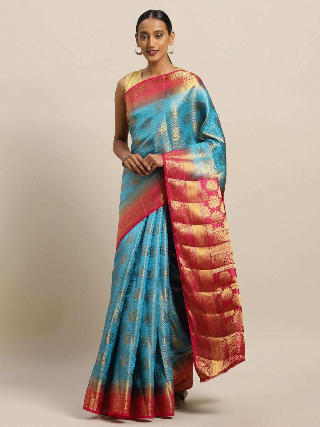 Women's Sky Blue Silk Jacquard Traditional Saree - Sangam Prints