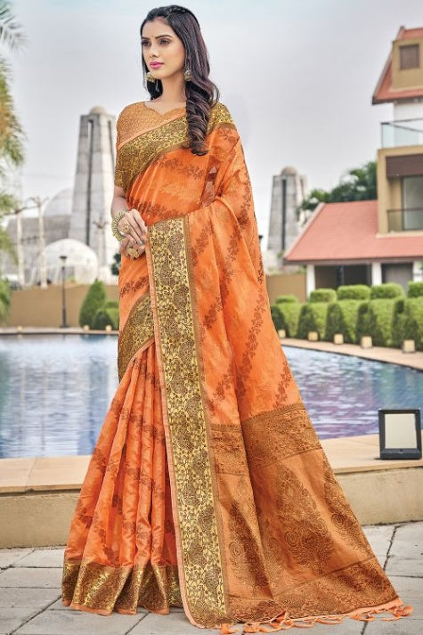 Women's Amber Orange Organza Saree - Karagiri