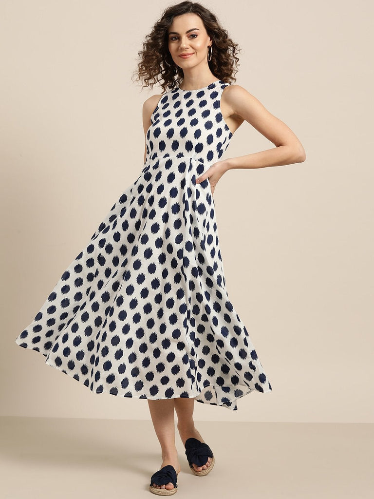 Women's Navy Polka Deep Cut Sleeveless Dress