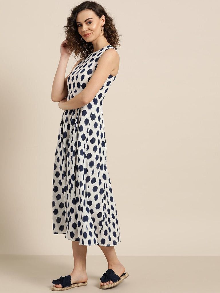 Women's Navy Polka Deep Cut Sleeveless Dress