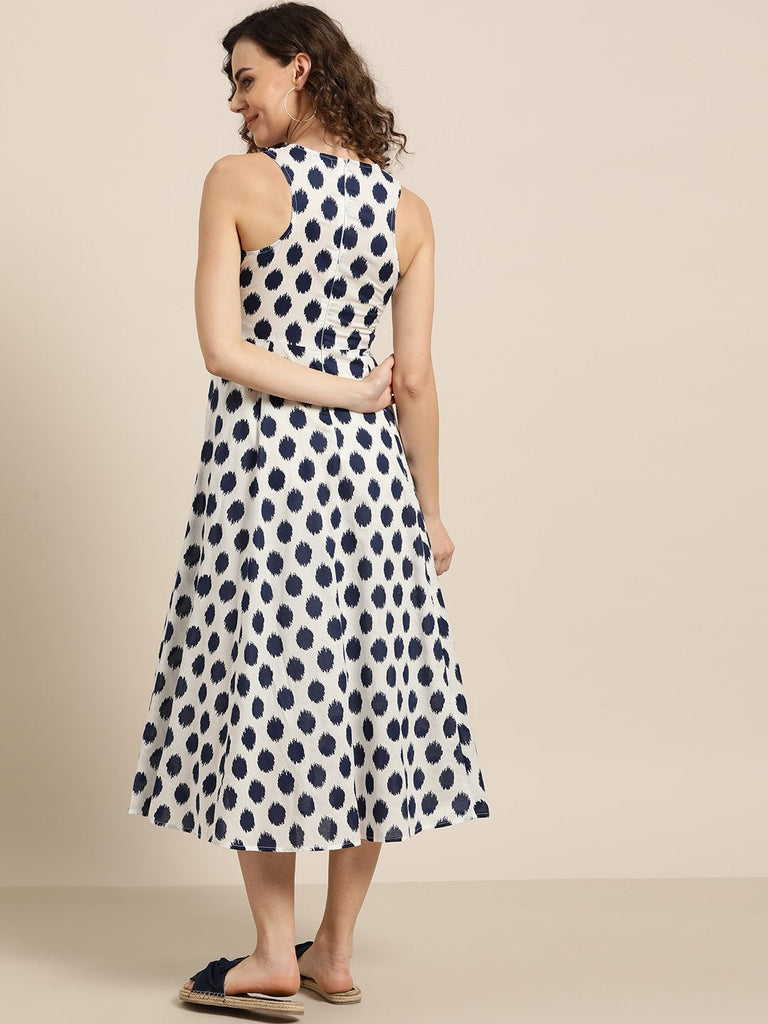 Women's Navy Polka Deep Cut Sleeveless Dress